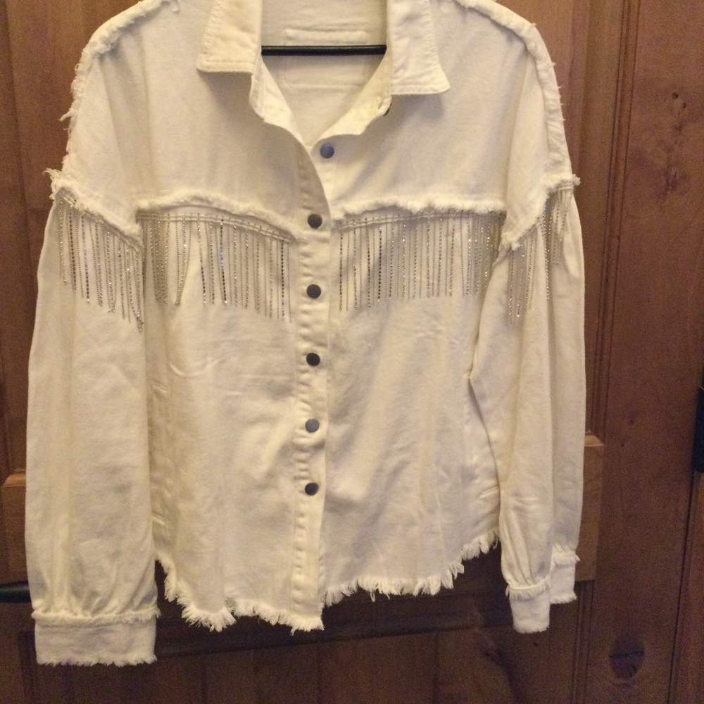 Denim Cream Jacket with Fringe Rhinestone Detail